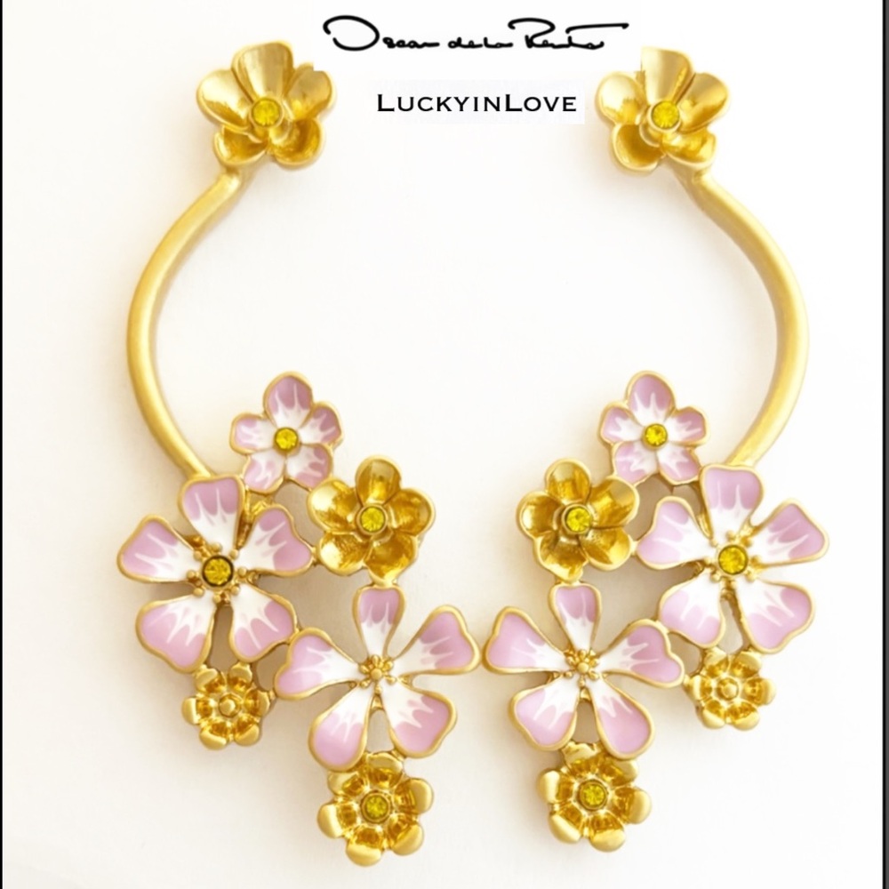 OSCAR DE LA RENTA • Flower Cluster Earrings Pink Enamel Gold Post drop - Picture 10 of 10